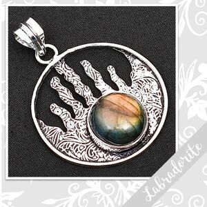 Labradorite Large Silver Eclectic Artisan Pendant, 2.16” (Golden Orange flash)